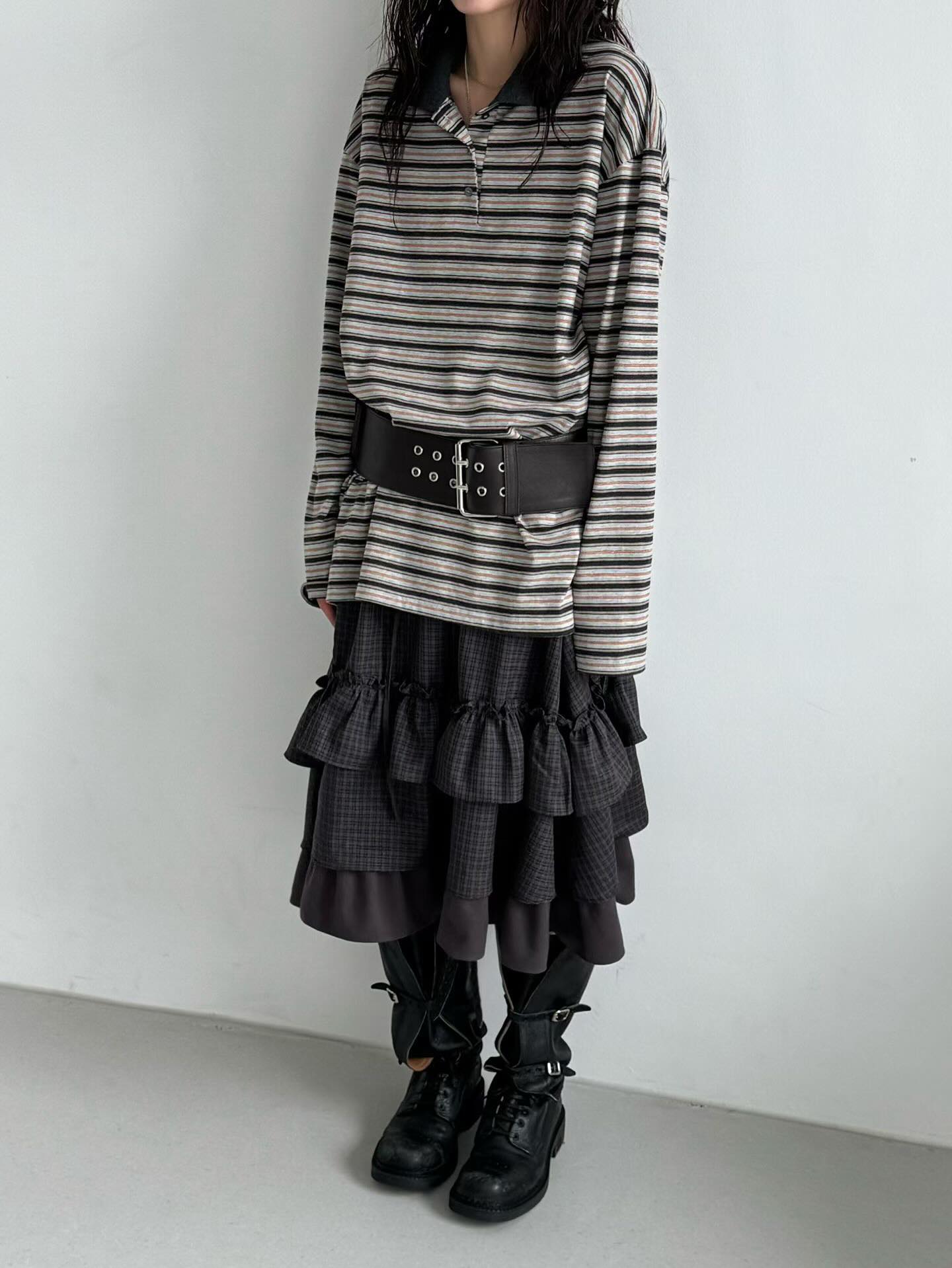 顯瘦法式條紋翻領長袖T卹