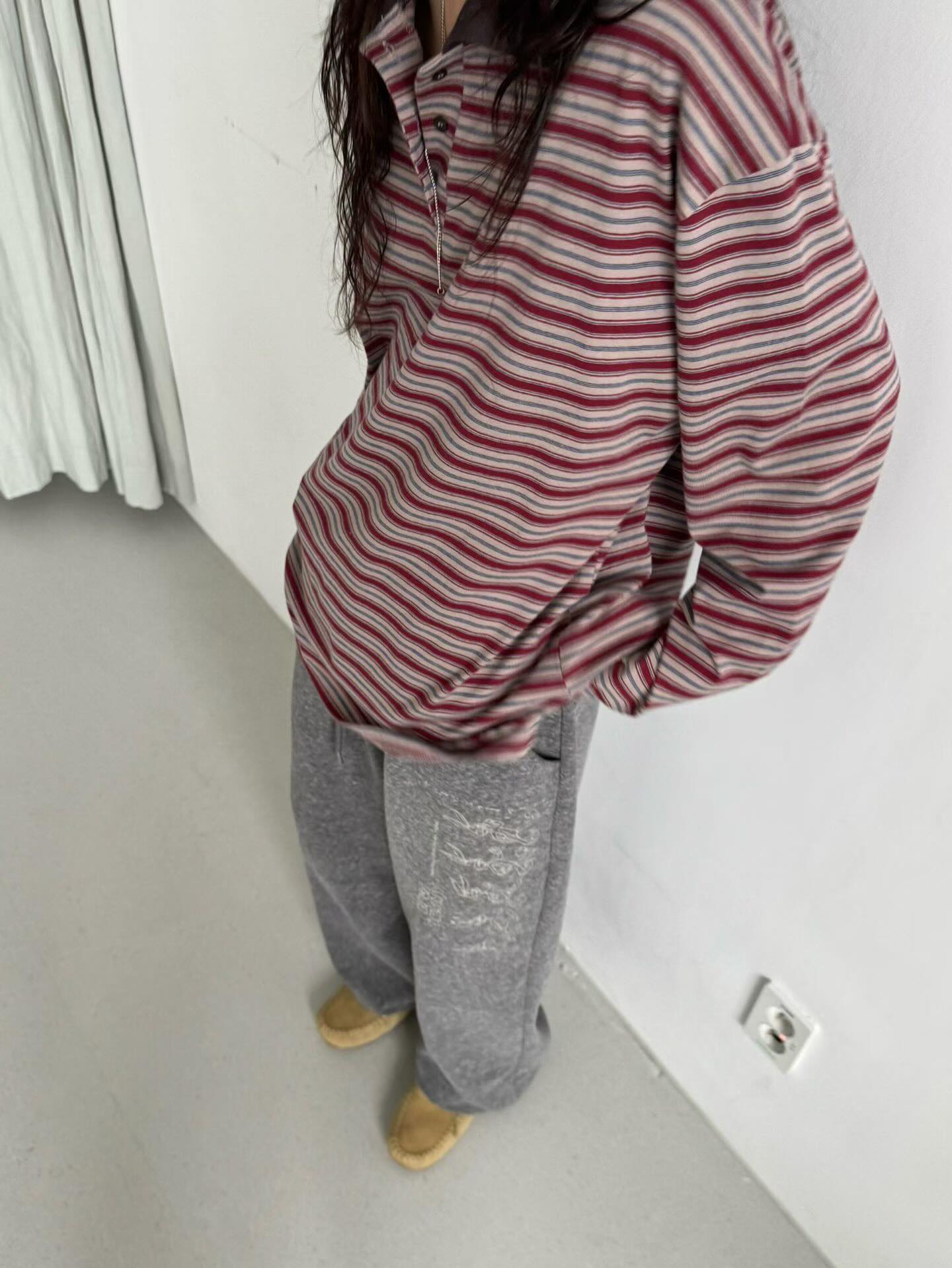 顯瘦法式條紋翻領長袖T卹