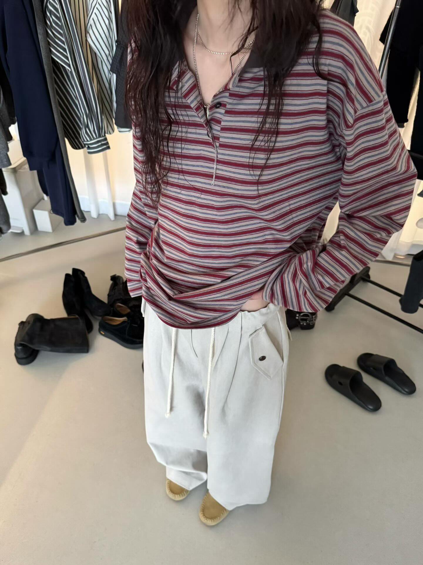 顯瘦法式條紋翻領長袖T卹