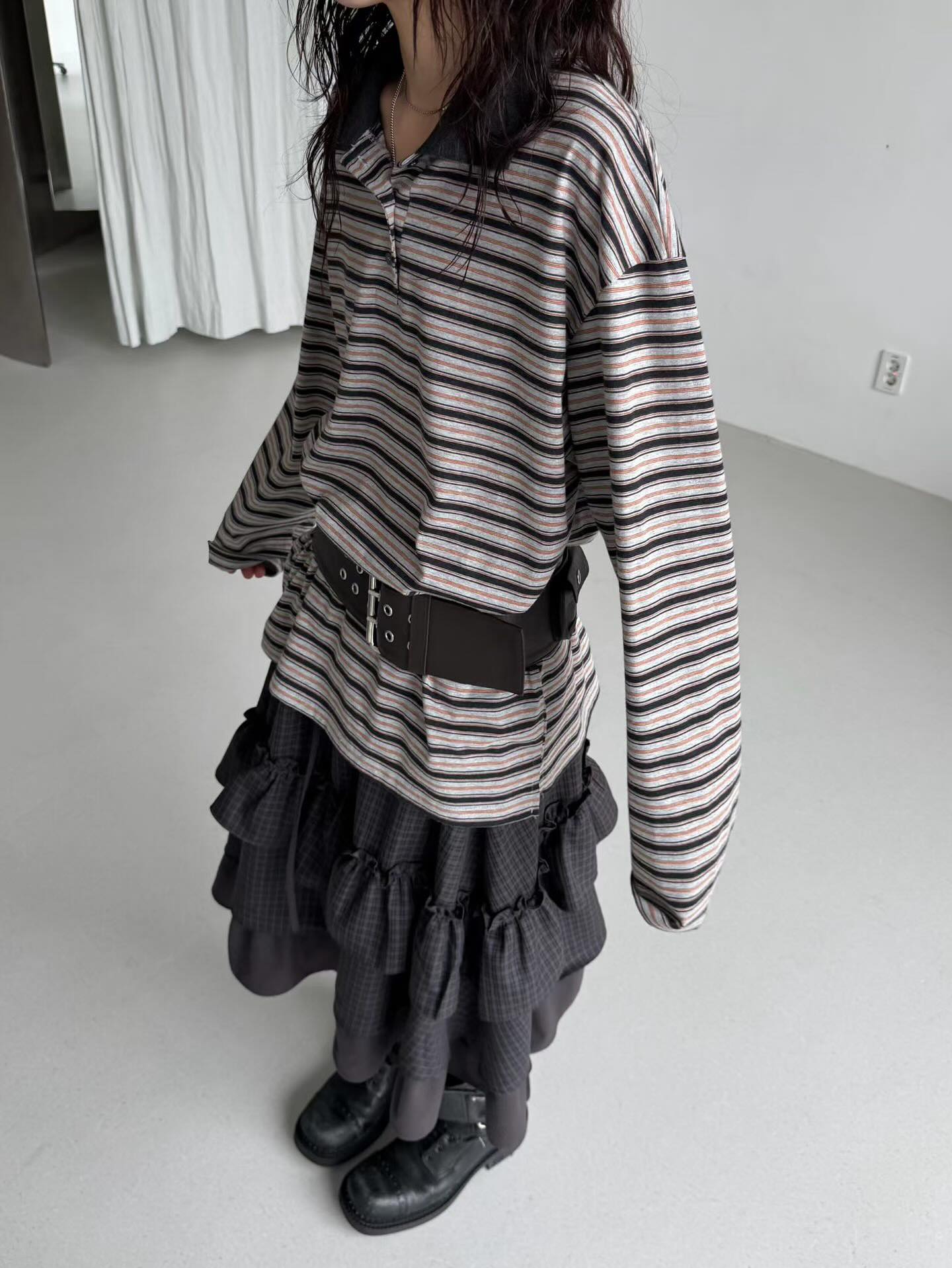 顯瘦法式條紋翻領長袖T卹