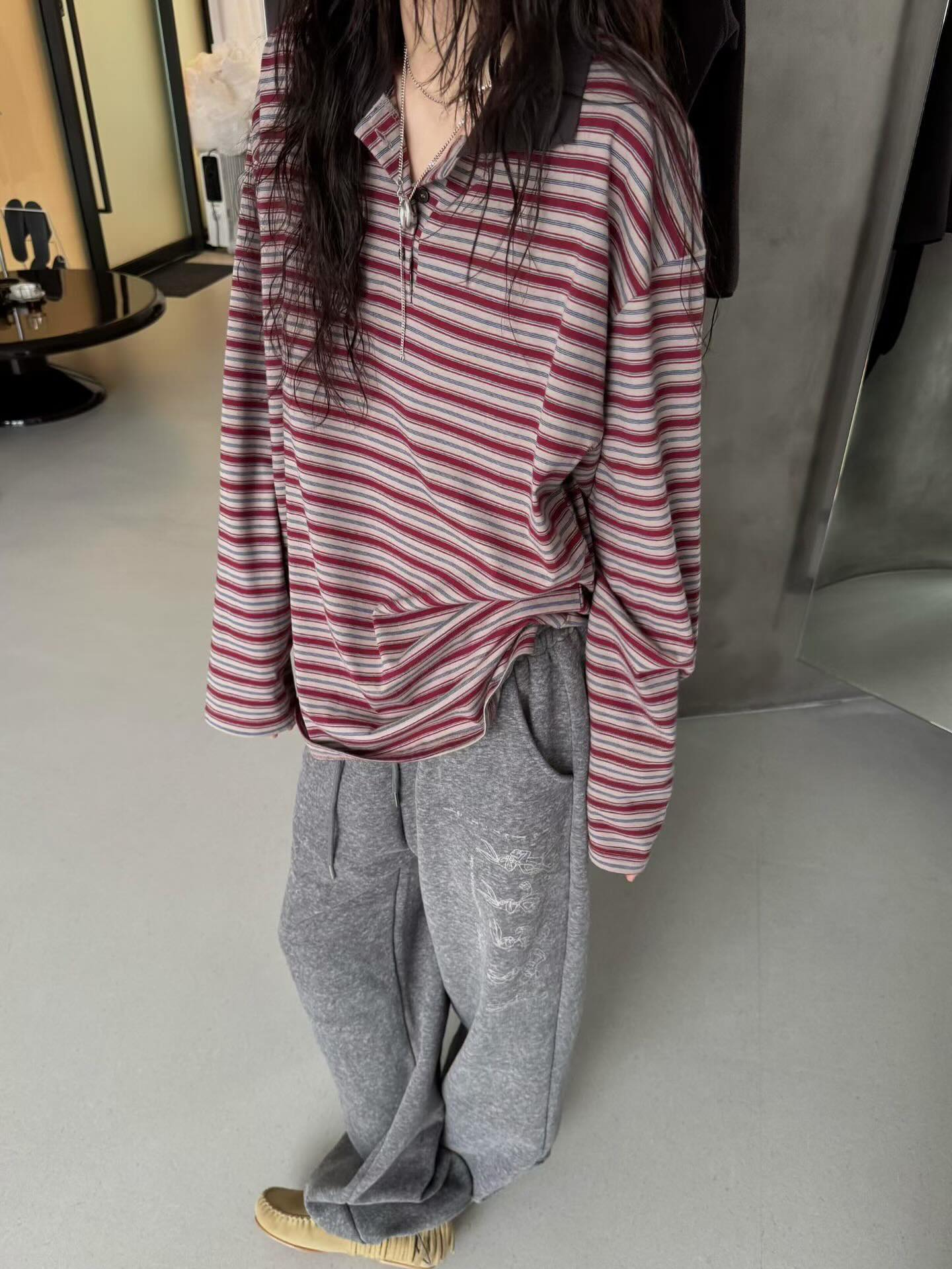 顯瘦法式條紋翻領長袖T卹