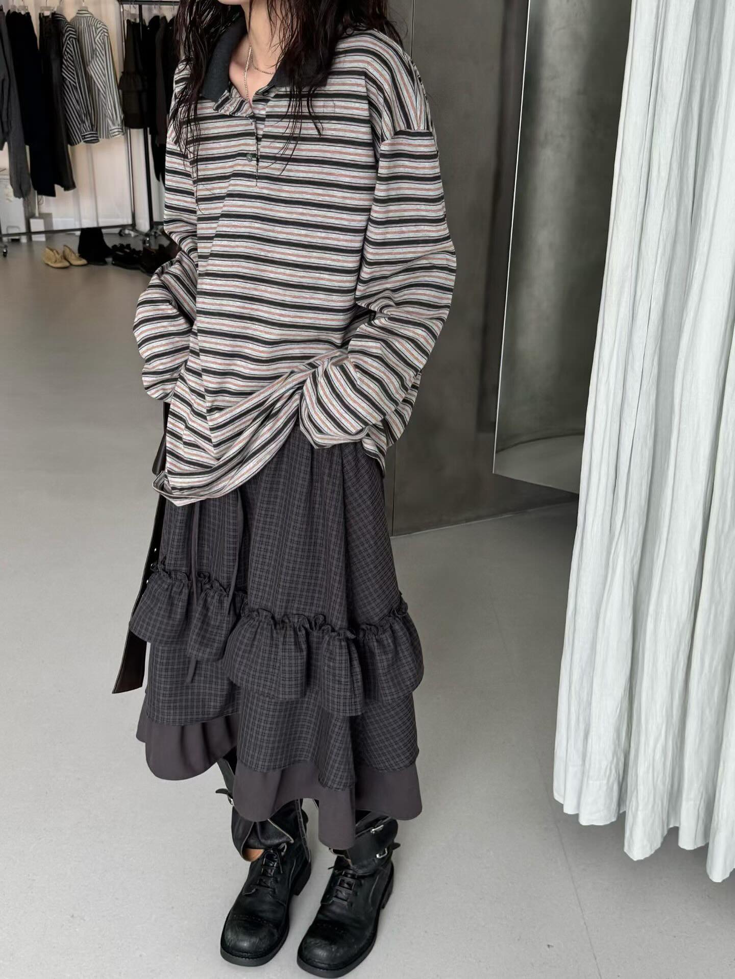 顯瘦法式條紋翻領長袖T卹