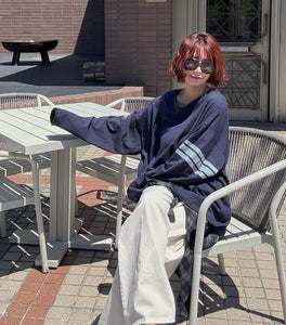 圓領休閒寬鬆條紋長袖T卹