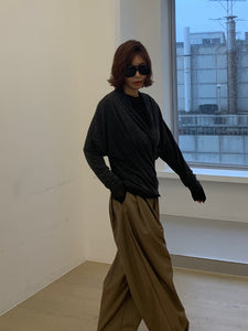 深V領交叉蝙蝠袖長袖T恤