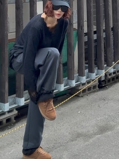 鬆緊腰抽繩撞色拼接休閒褲