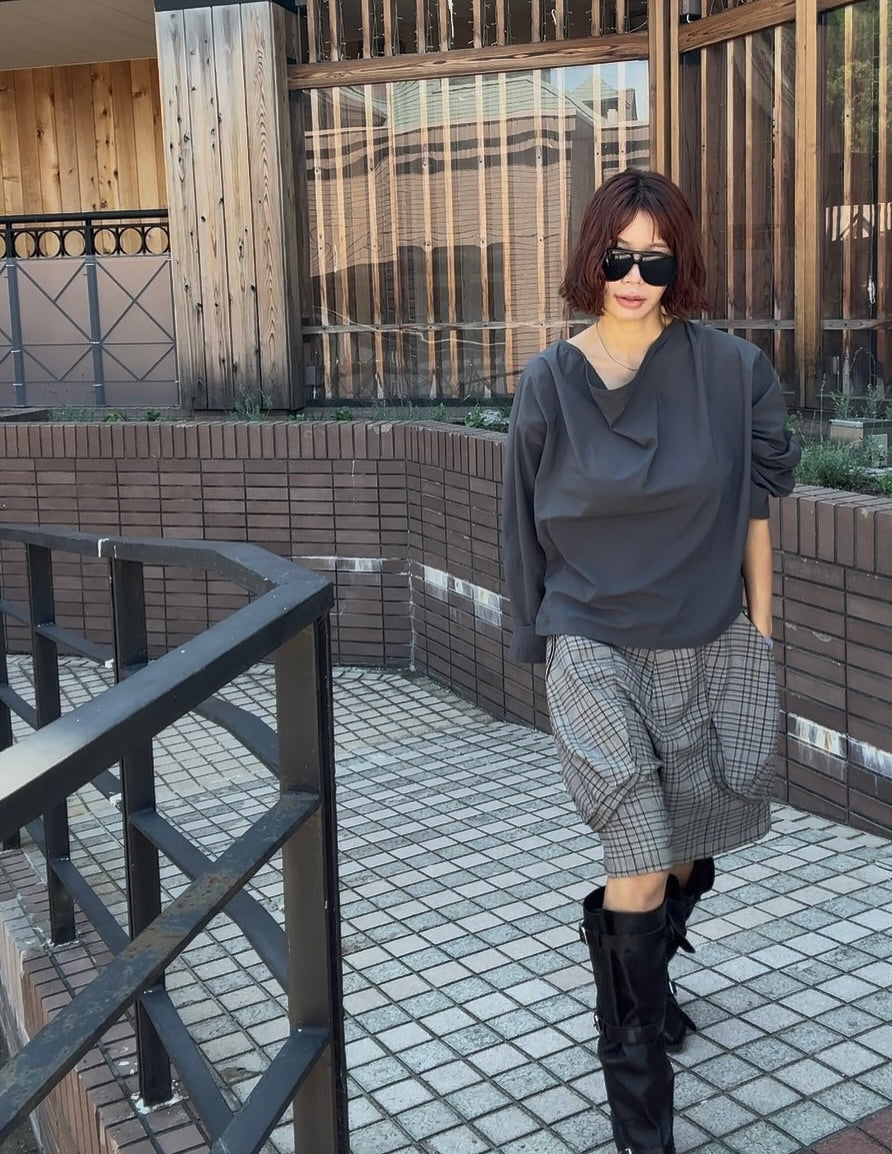 拉鍊大口中袋格子休閒中褲