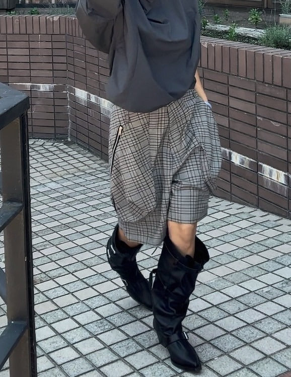 拉鍊大口中袋格子休閒中褲