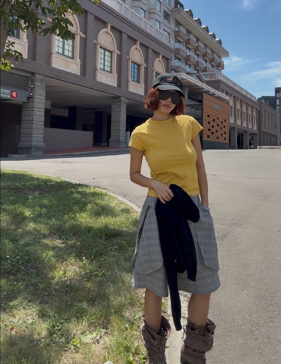 拉鍊大口中袋格子休閒中褲