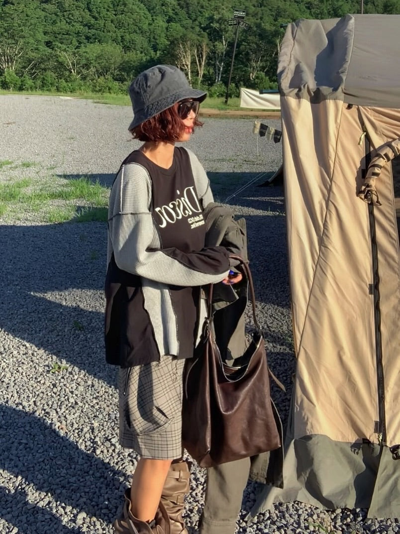 拉鍊大口中袋格子休閒中褲