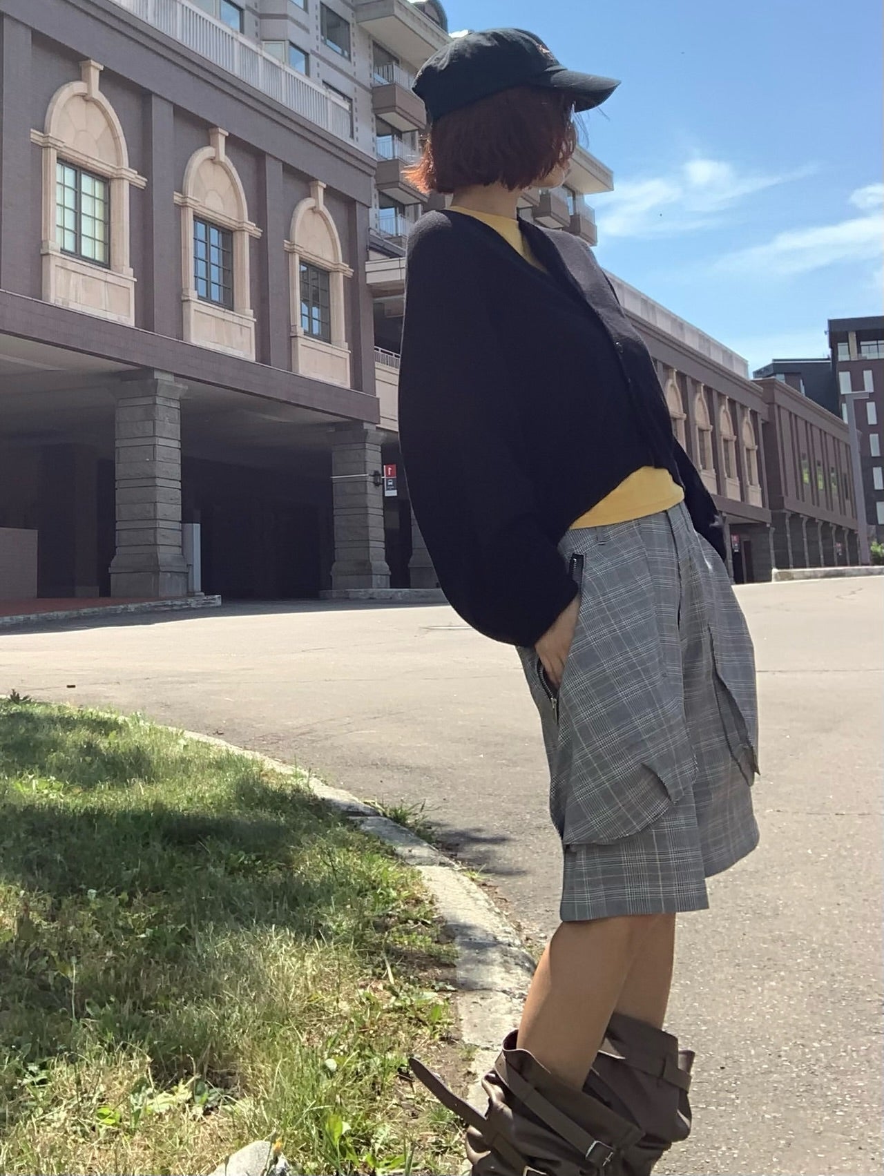 拉鍊大口中袋格子休閒中褲