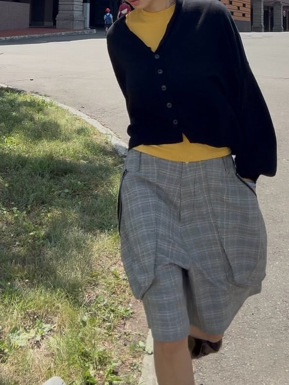 拉鍊大口中袋格子休閒中褲