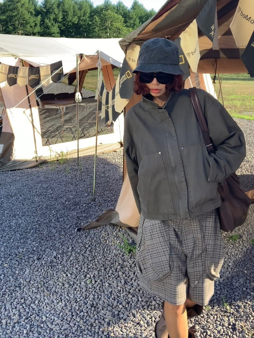 拉鍊大口中袋格子休閒中褲