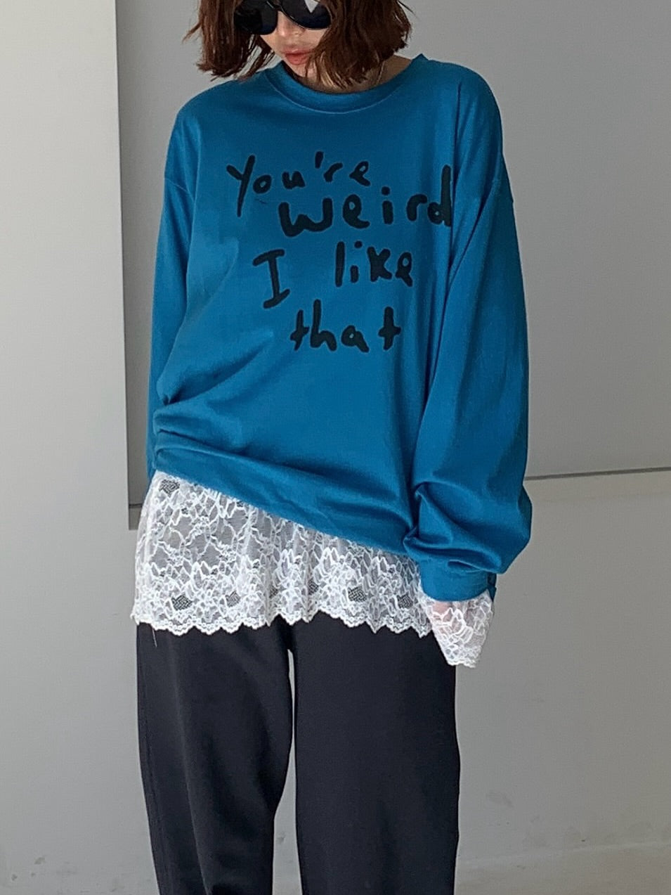 圓領字母落肩長袖T卹