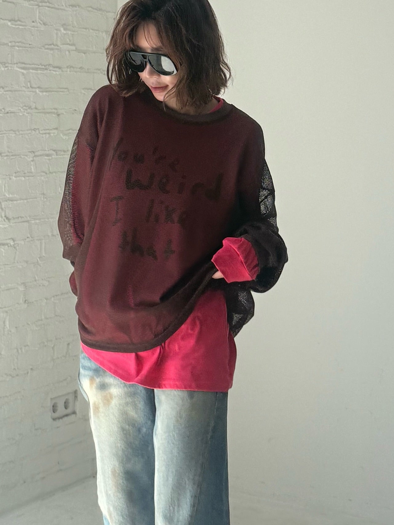 圓領字母落肩長袖T卹