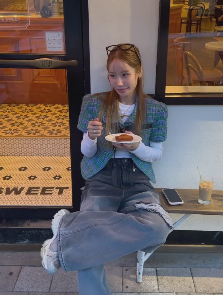 翻領格紋設計感小香風短袖外套