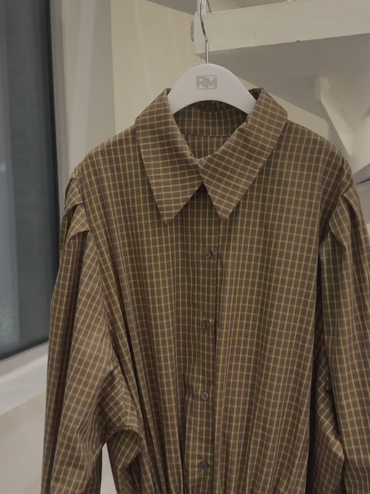 復古通勤格紋襯衫收腰連身裙