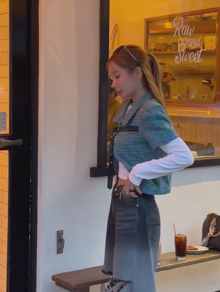 翻領格紋設計感小香風短袖外套