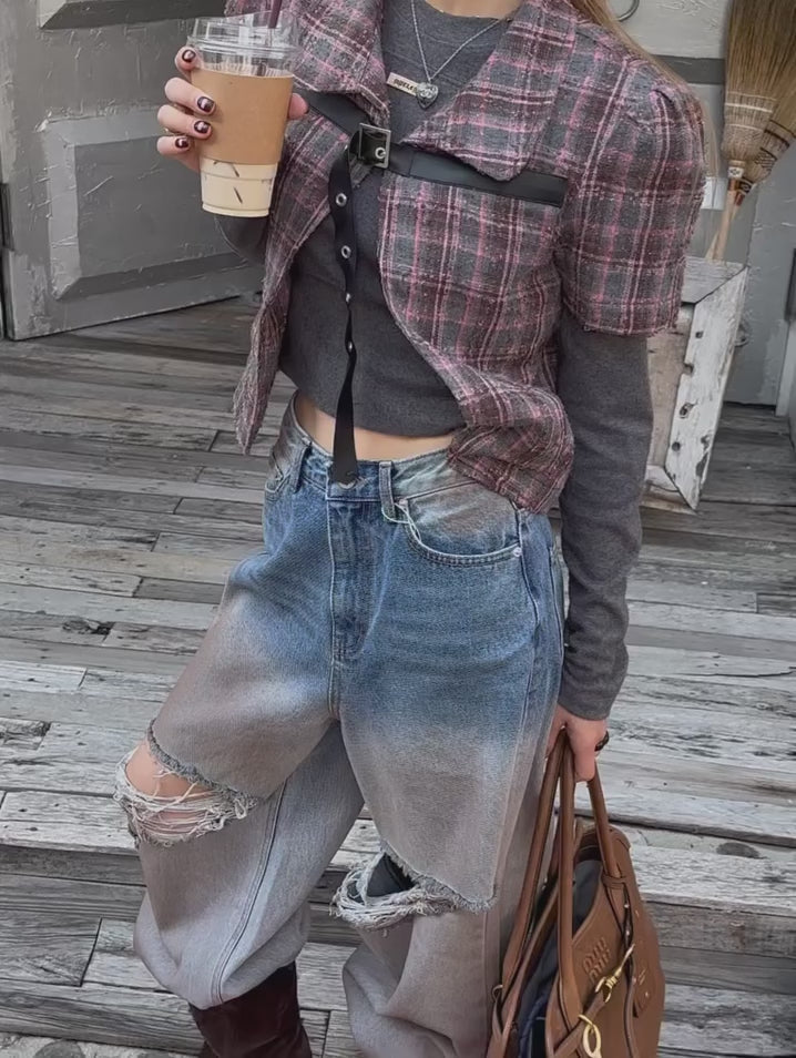 翻領格紋設計感小香風短袖外套