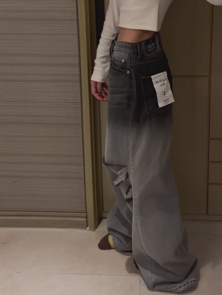 設計感破洞漸變百搭闊腿牛仔褲