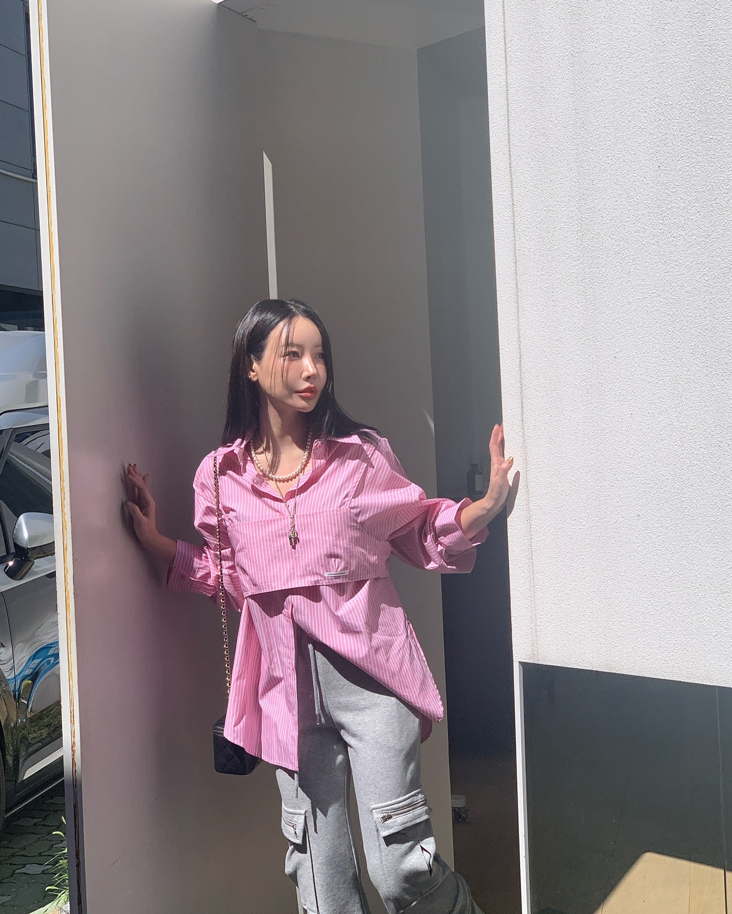 貼布字母背心中長襯衫兩件套