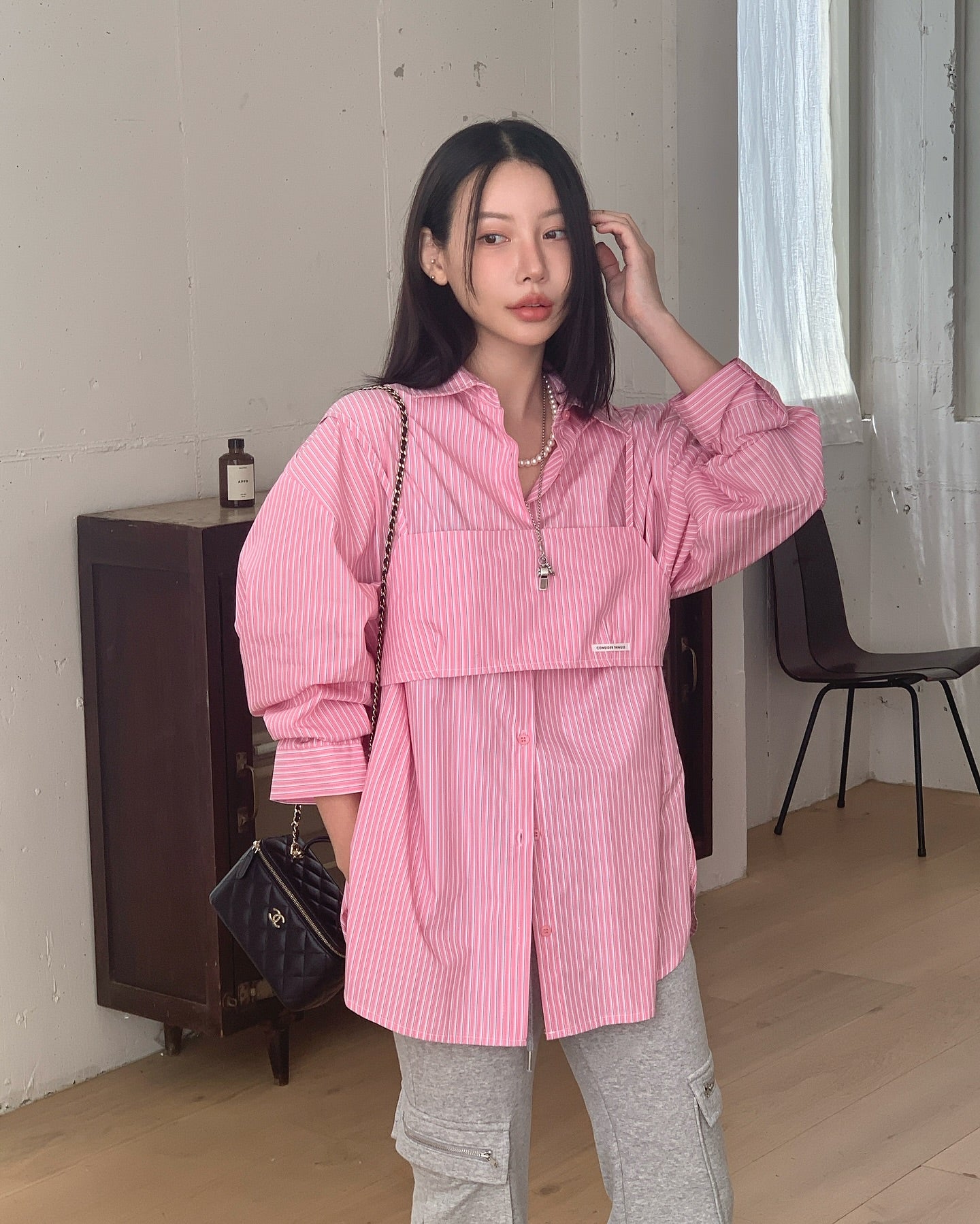 貼布字母背心中長襯衫兩件套