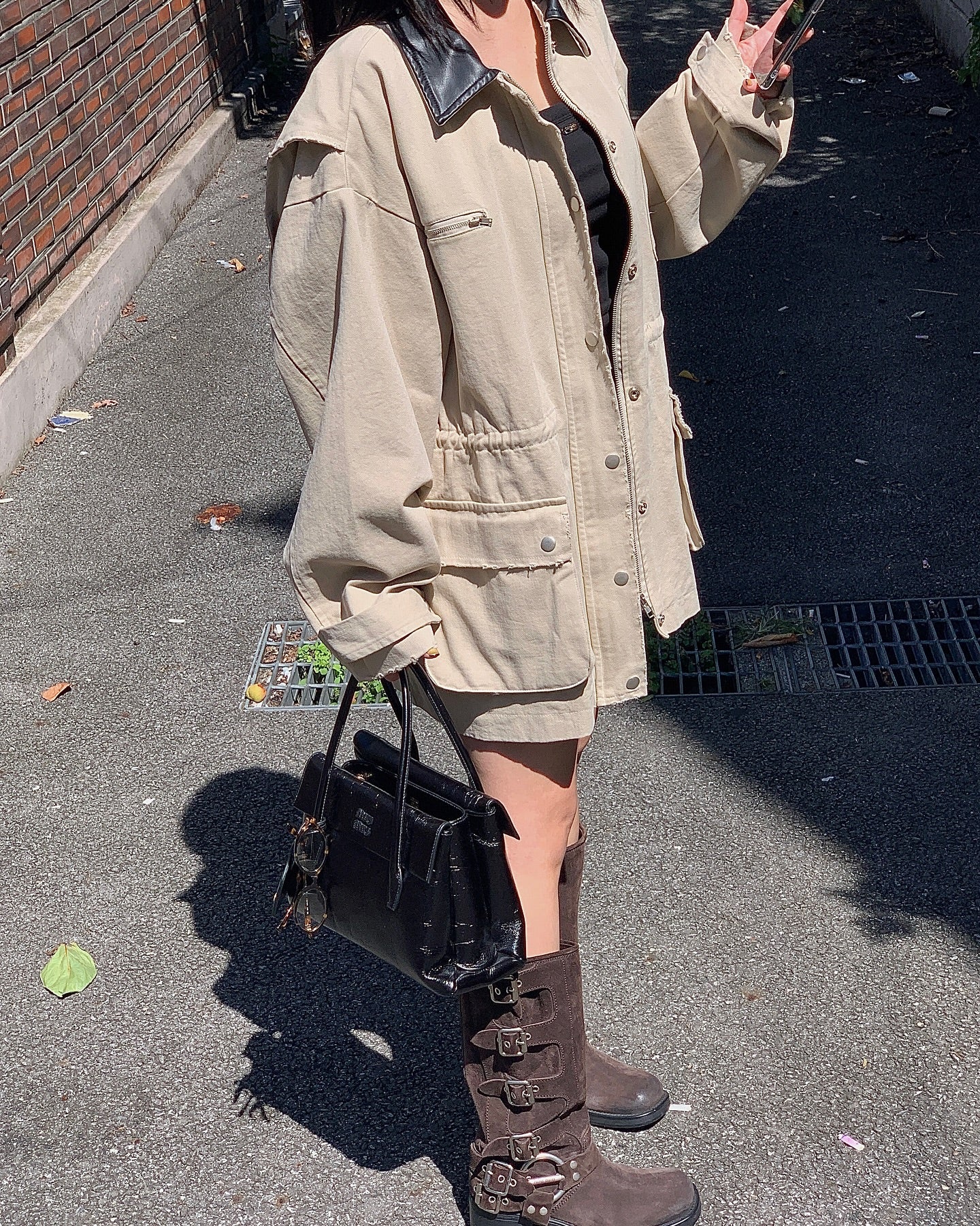 翻領大口袋長袖工裝牛仔外套