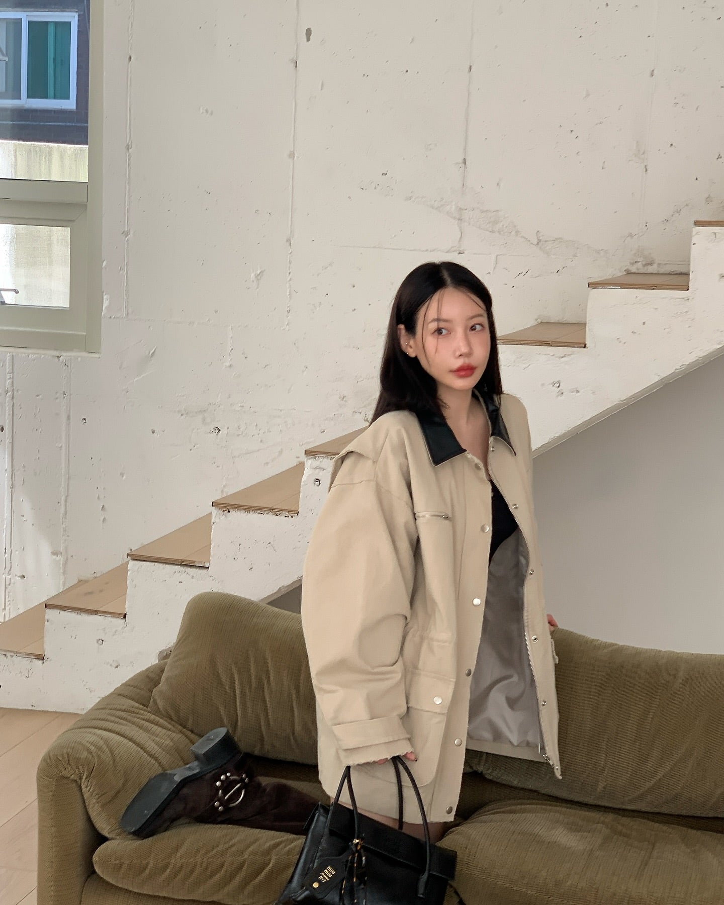 翻領大口袋長袖工裝牛仔外套