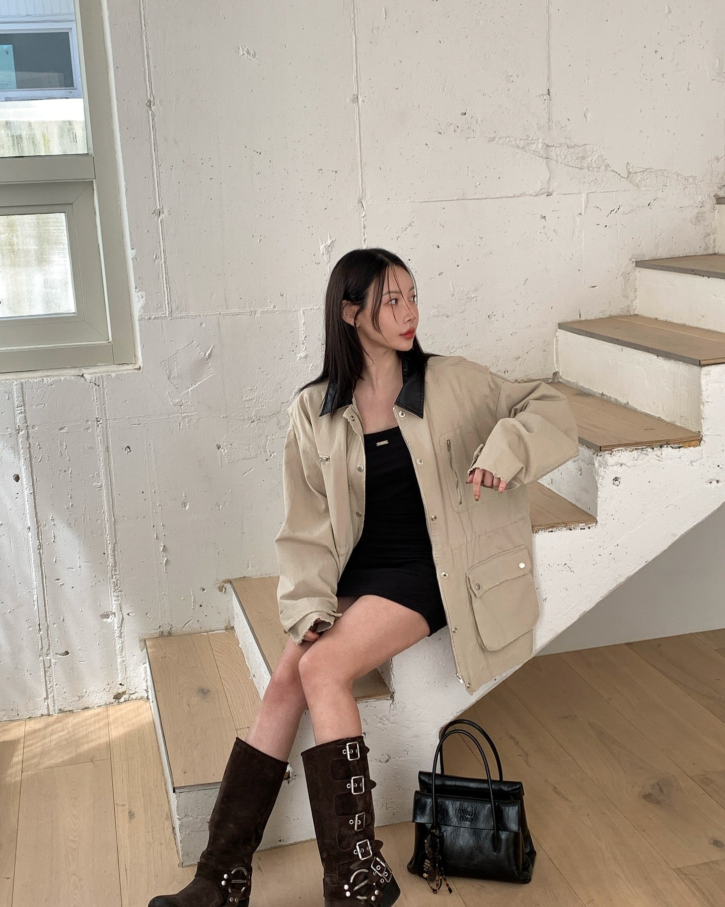 翻領大口袋長袖工裝牛仔外套