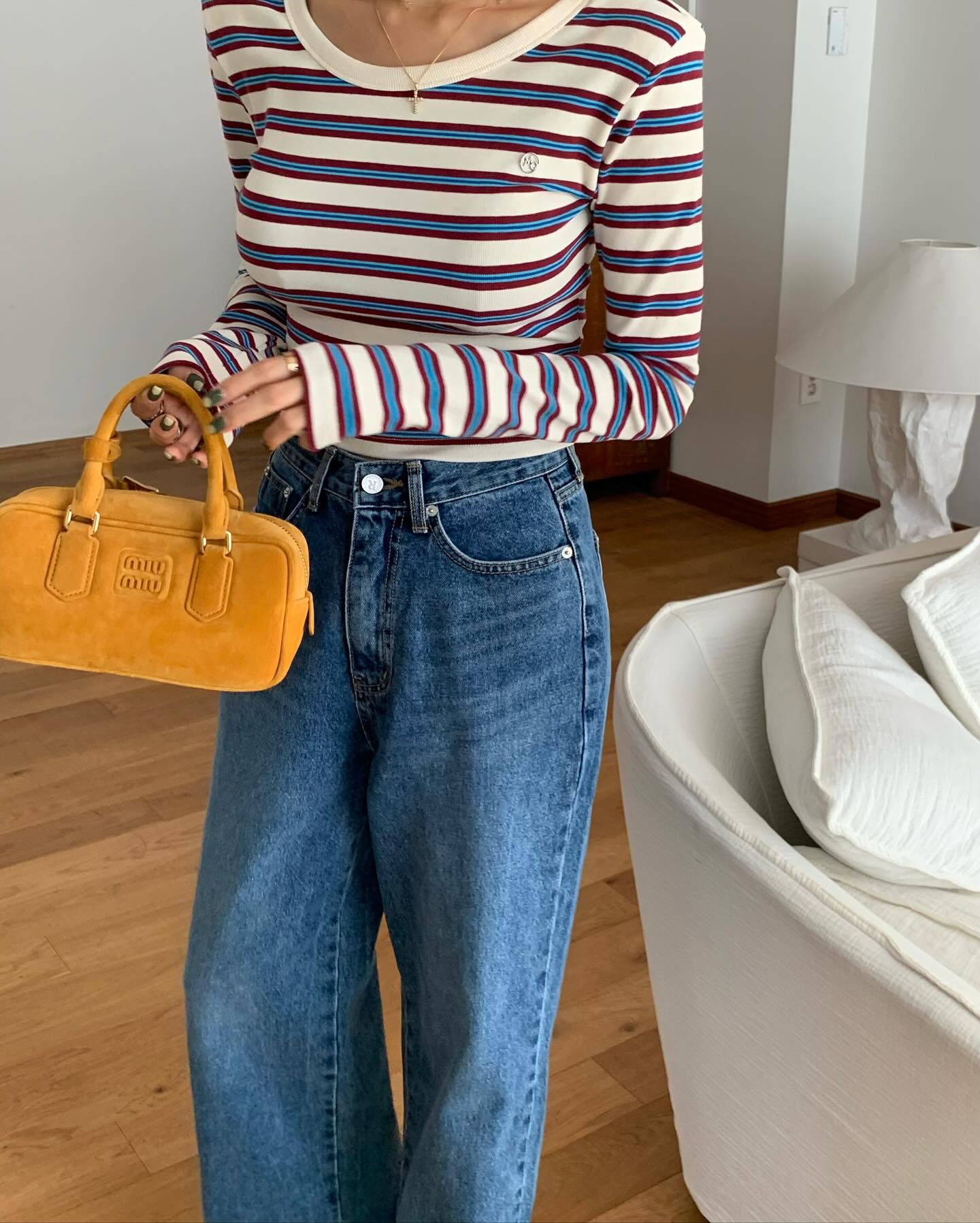 復古高腰開叉直筒修身牛仔褲