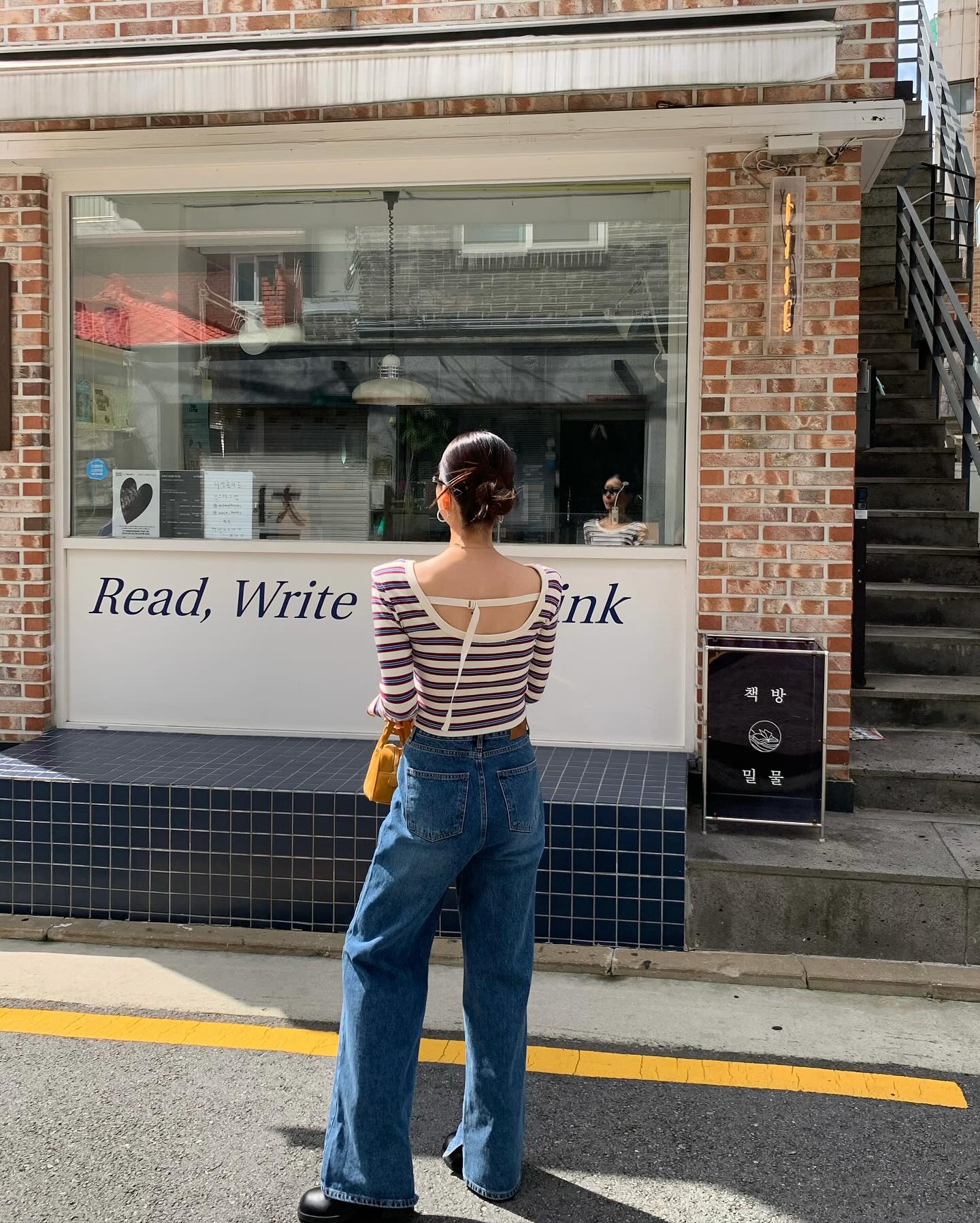 復古高腰開叉直筒修身牛仔褲