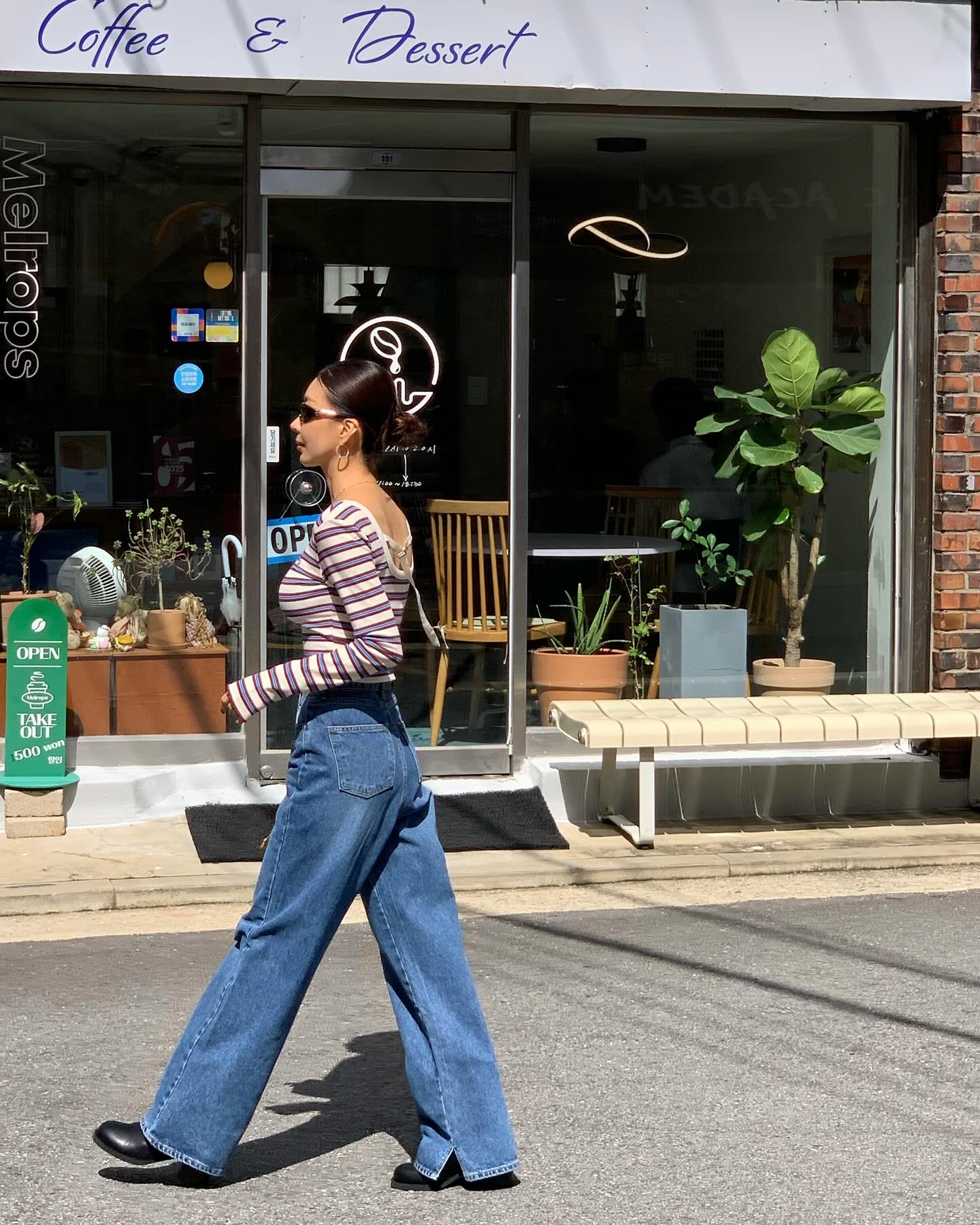 復古高腰開叉直筒修身牛仔褲