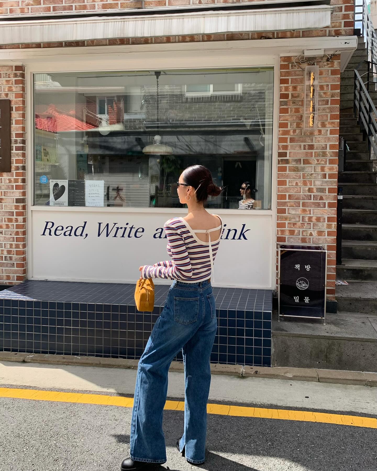 復古高腰開叉直筒修身牛仔褲