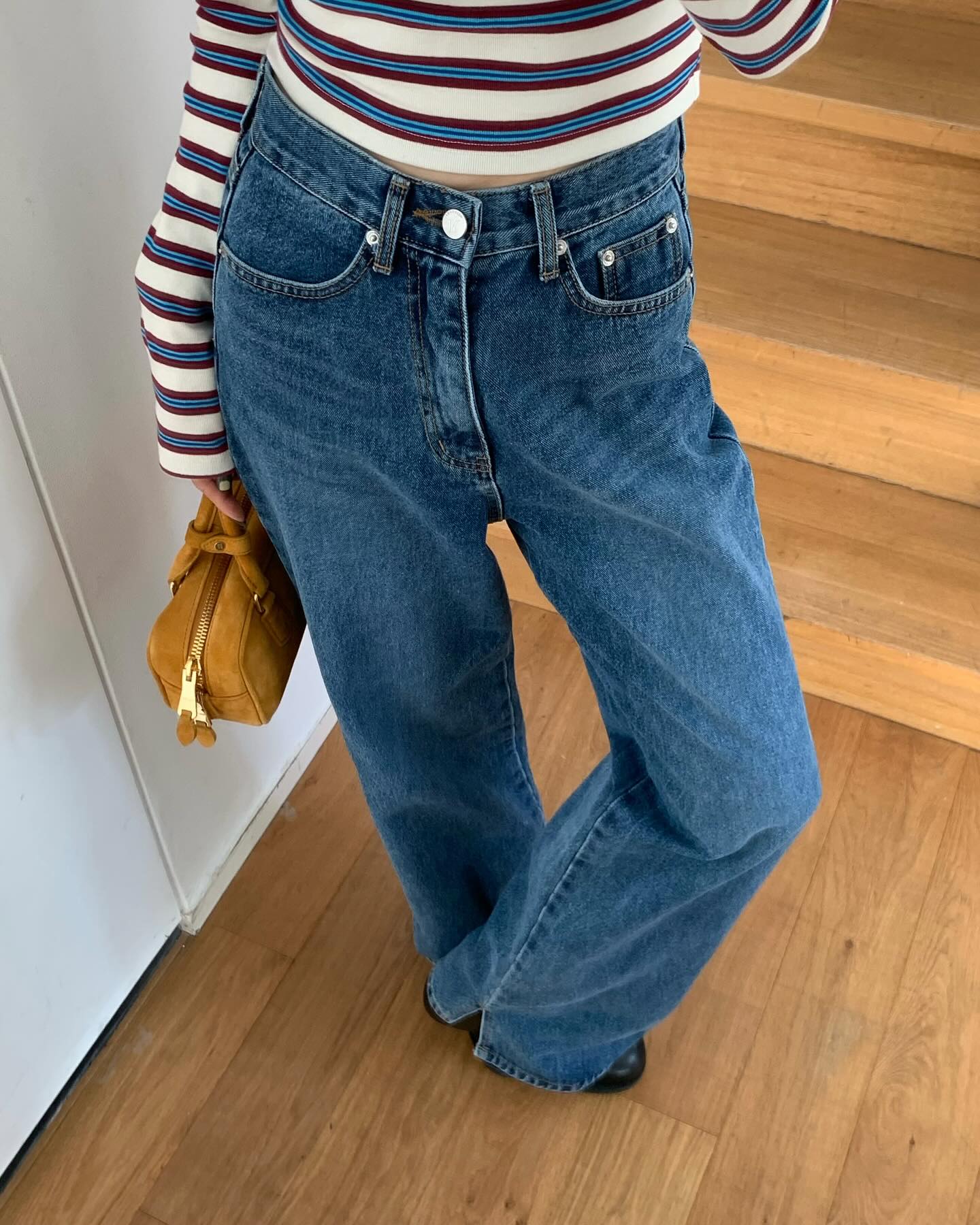 復古高腰開叉直筒修身牛仔褲