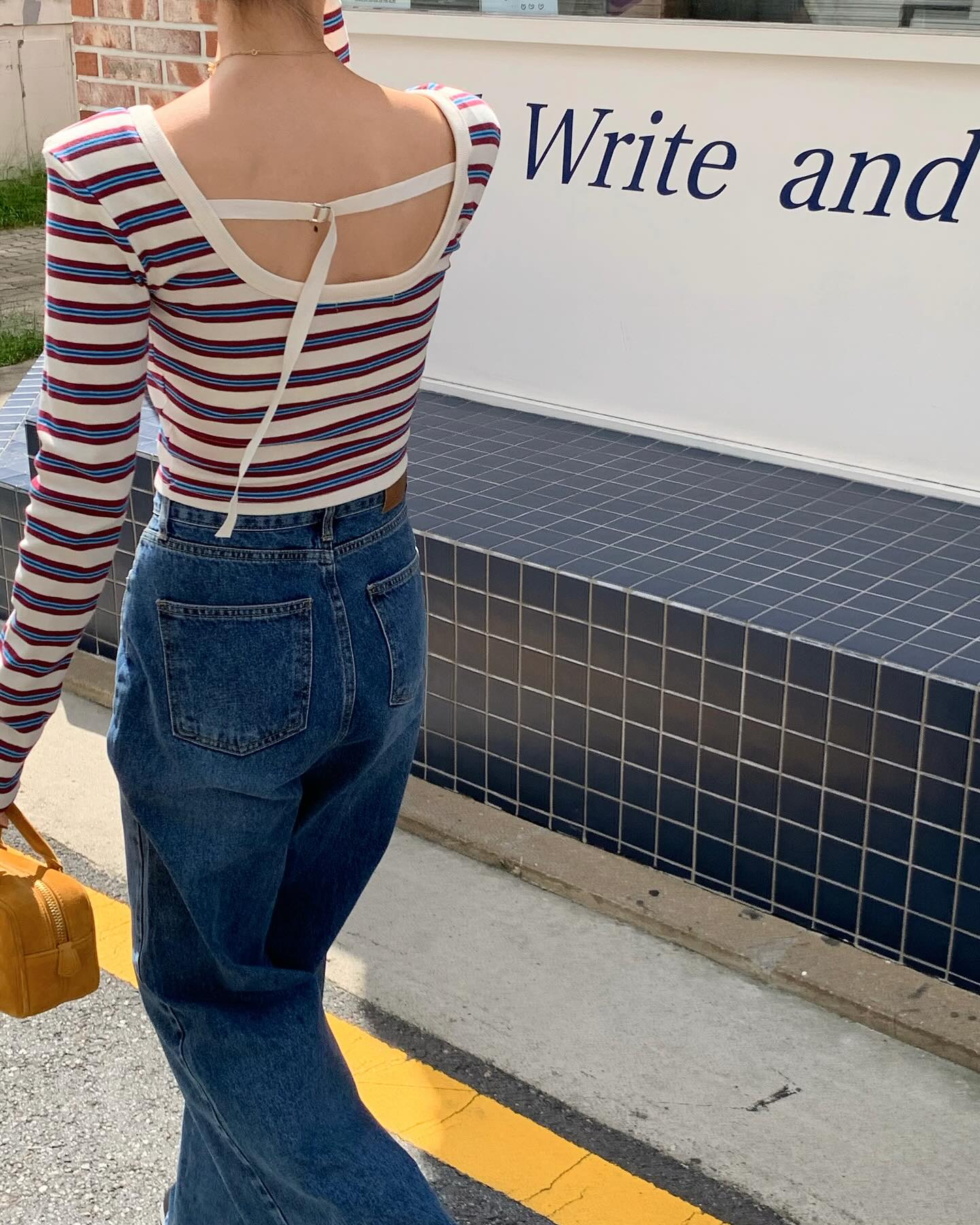 復古高腰開叉直筒修身牛仔褲