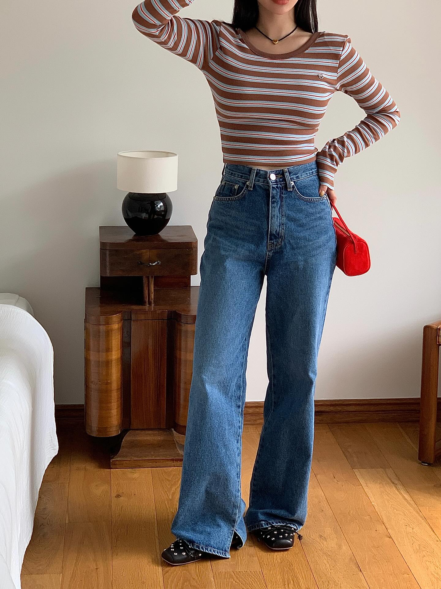 復古高腰開叉直筒修身牛仔褲