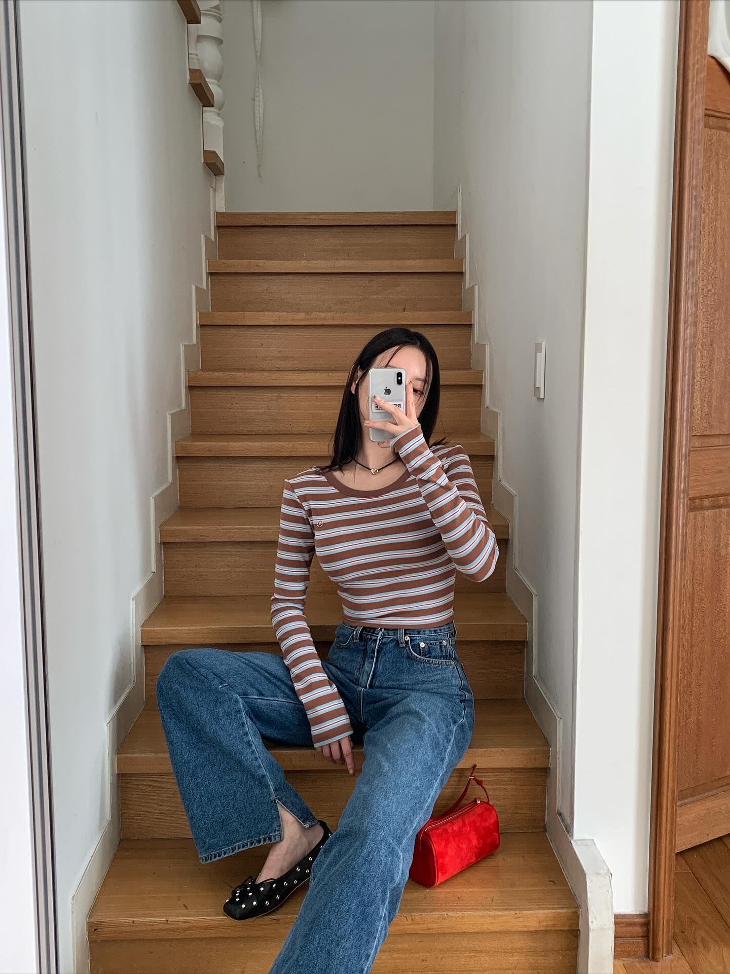 復古高腰開叉直筒修身牛仔褲