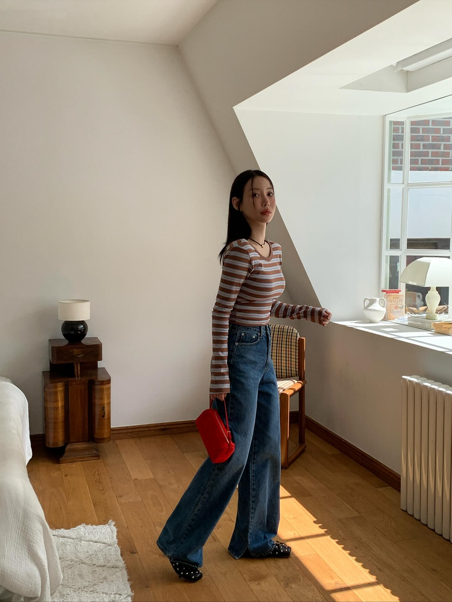 復古高腰開叉直筒修身牛仔褲