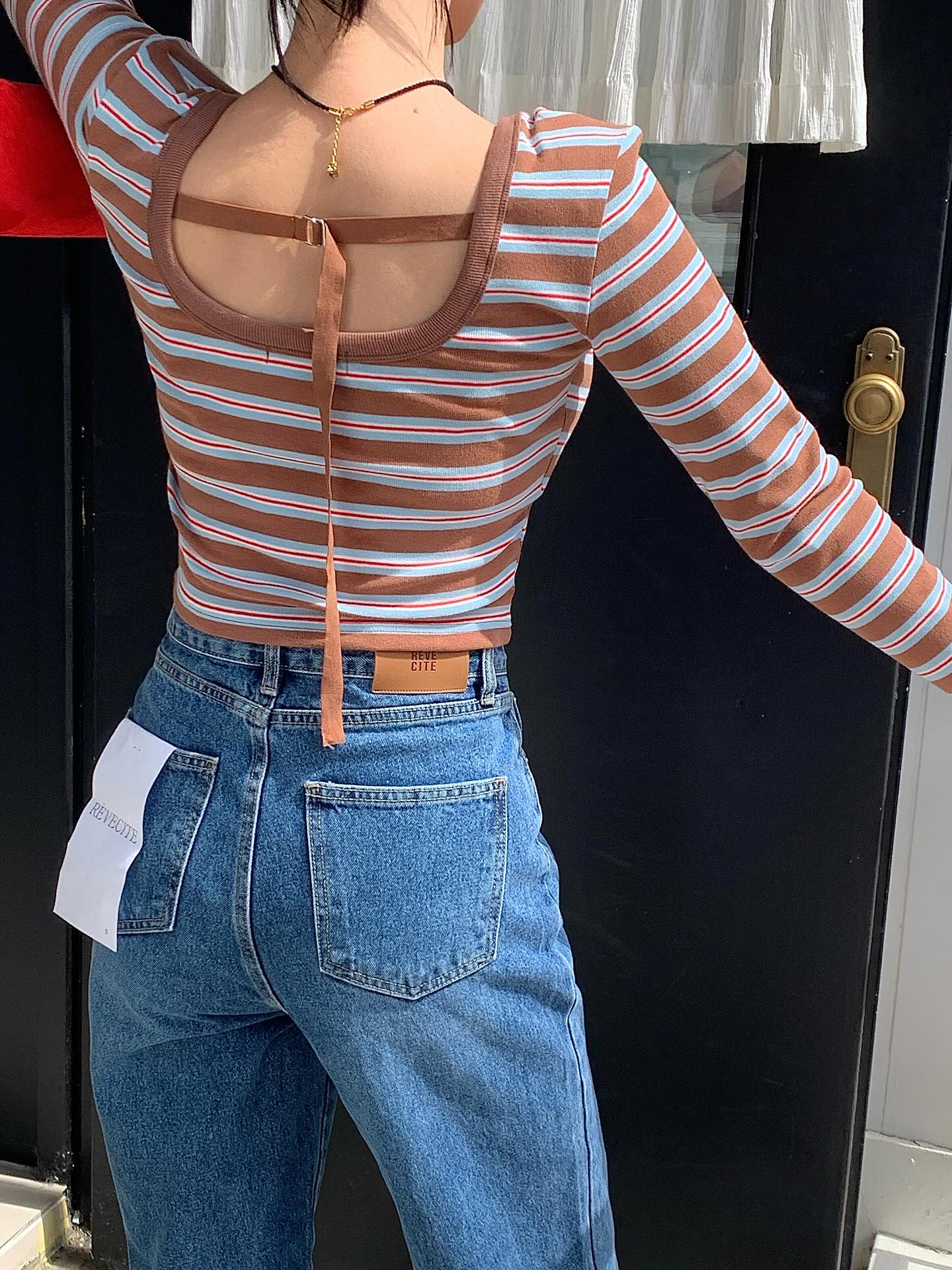 復古高腰開叉直筒修身牛仔褲