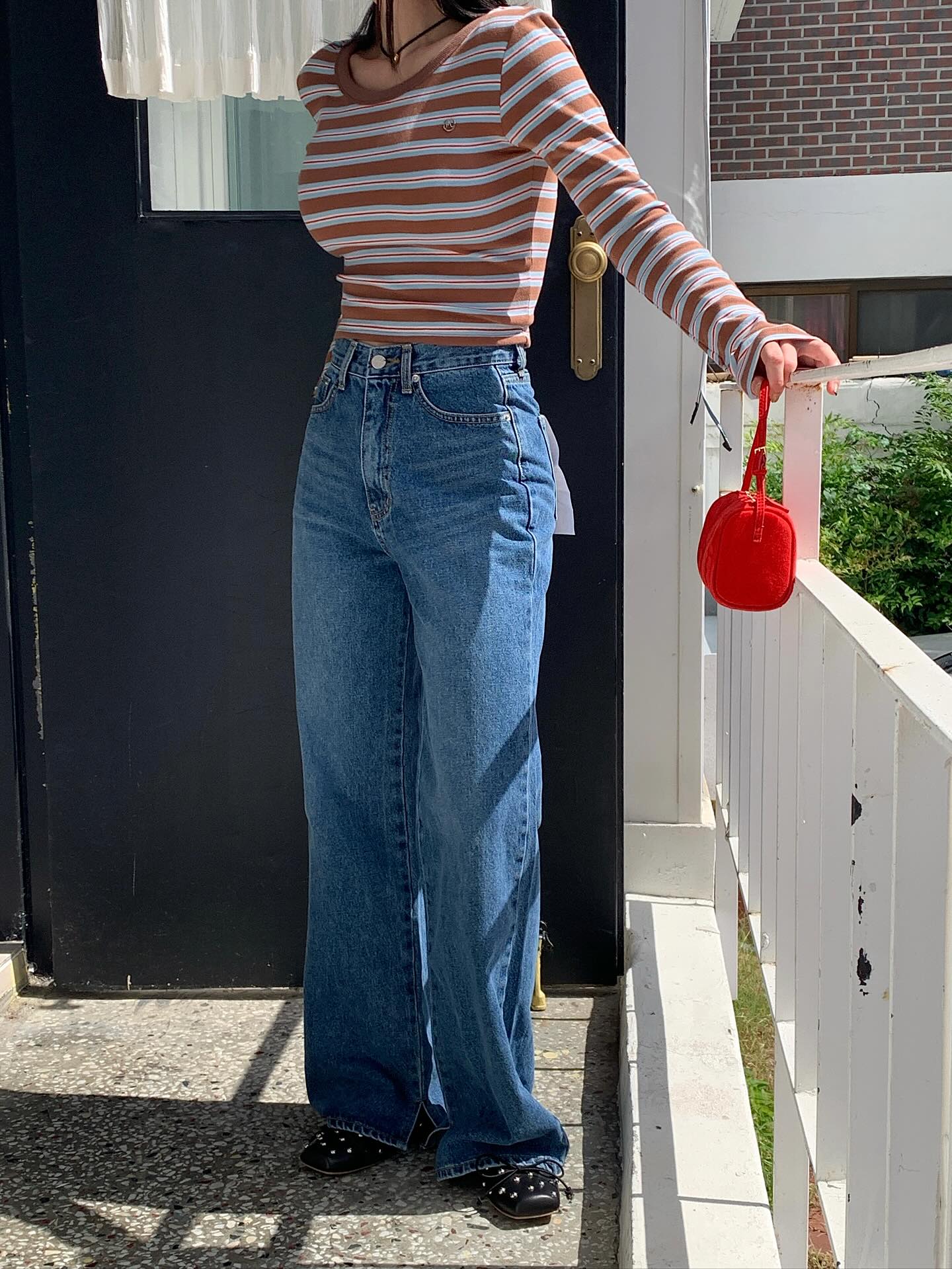 復古高腰開叉直筒修身牛仔褲