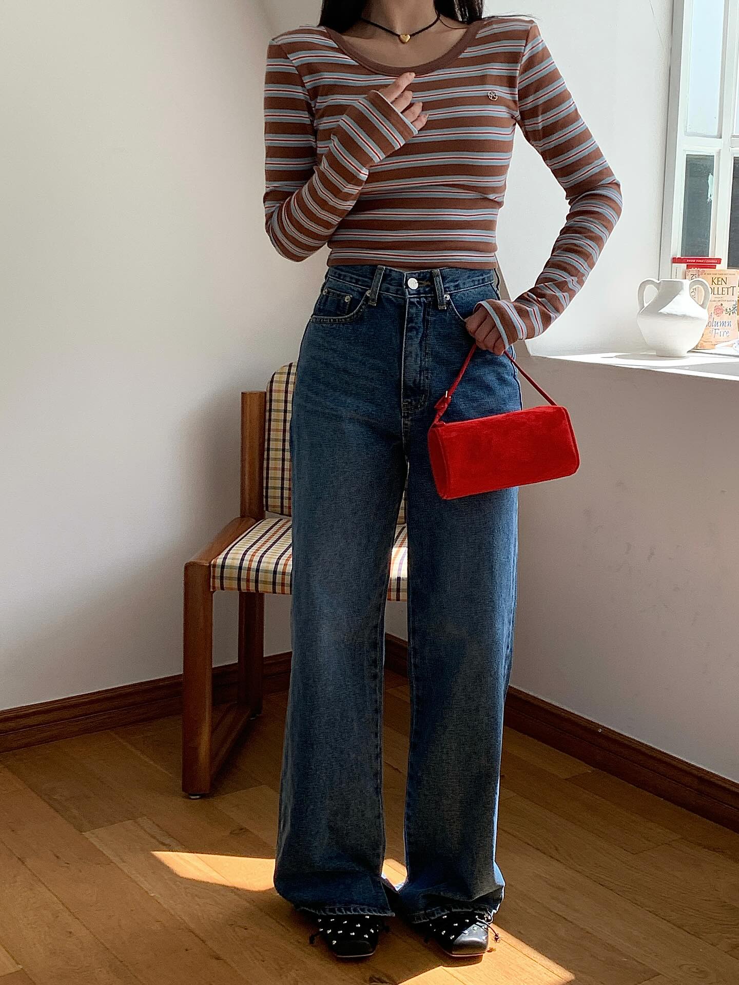 復古高腰開叉直筒修身牛仔褲