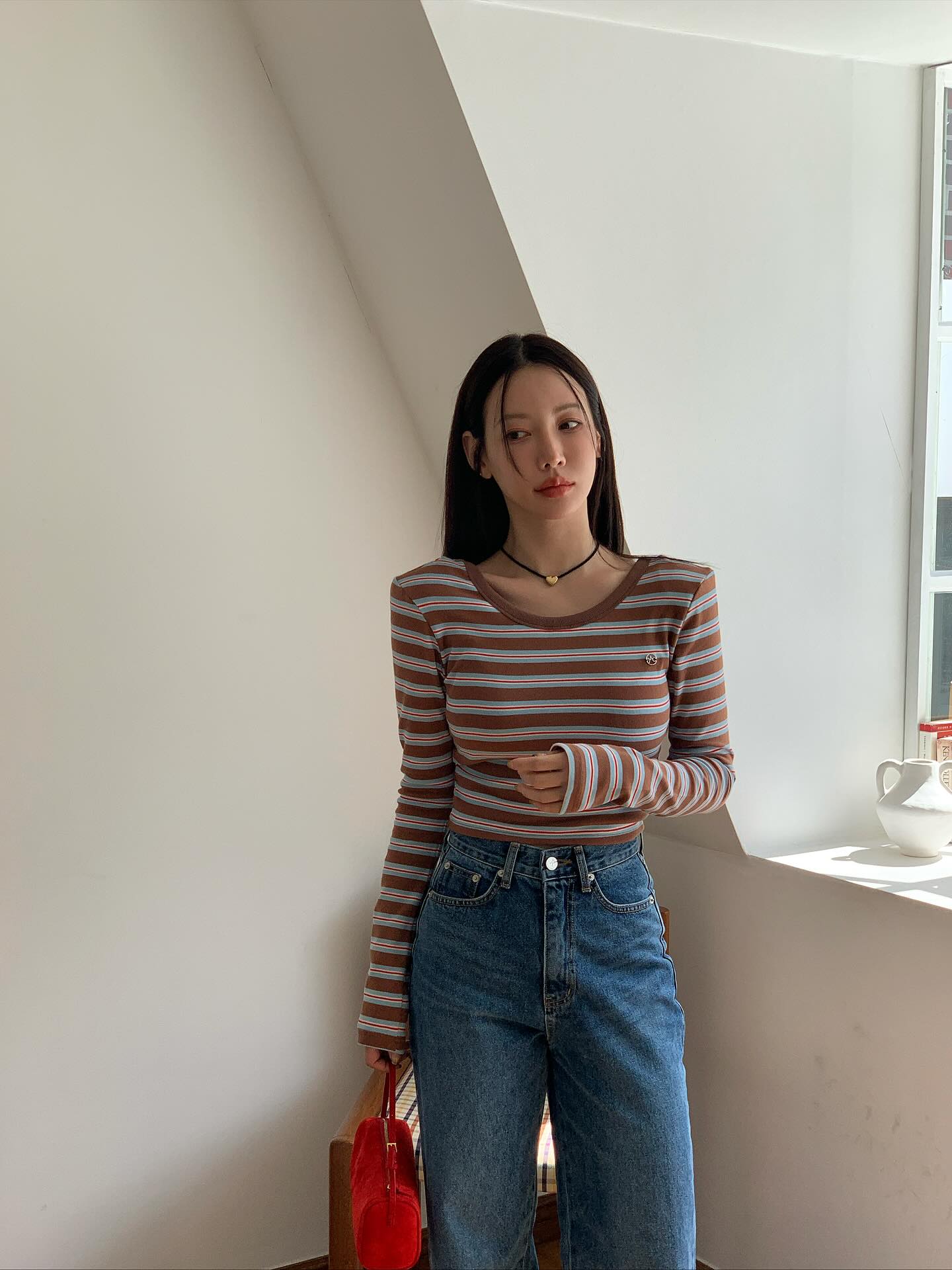 復古高腰開叉直筒修身牛仔褲