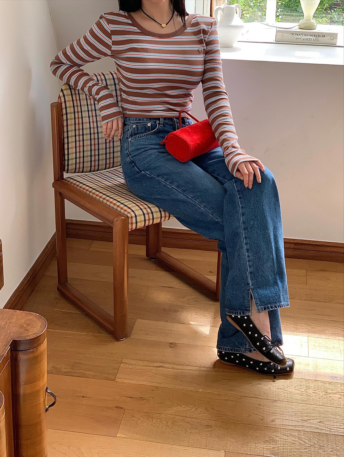 復古高腰開叉直筒修身牛仔褲