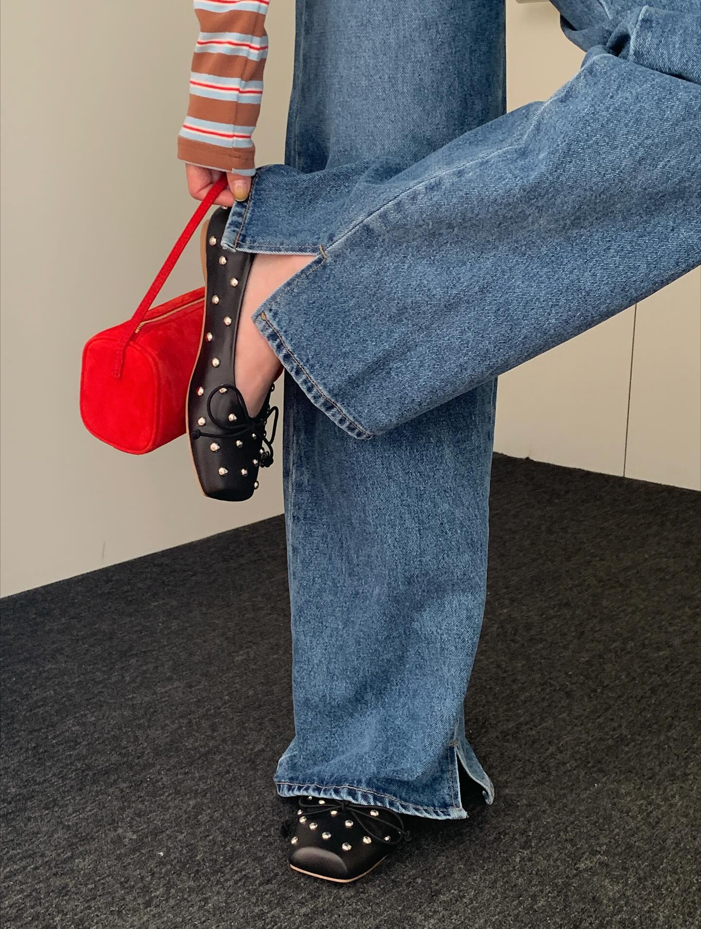 復古高腰開叉直筒修身牛仔褲