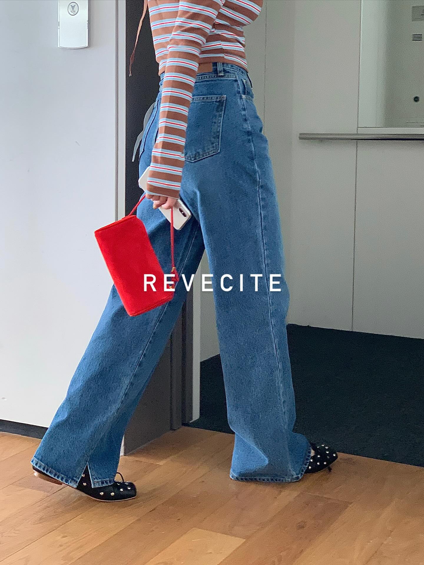 復古高腰開叉直筒修身牛仔褲