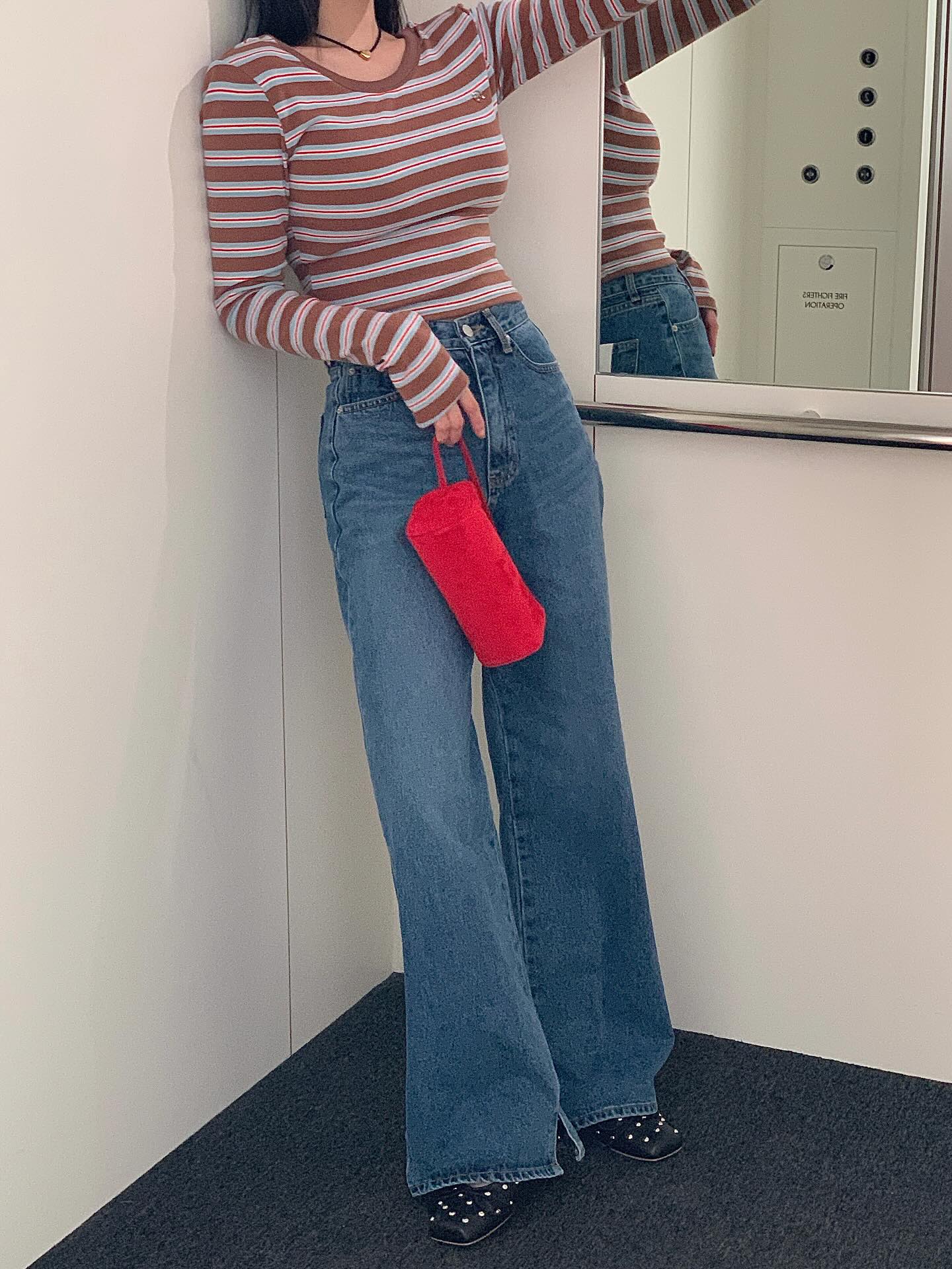 復古高腰開叉直筒修身牛仔褲