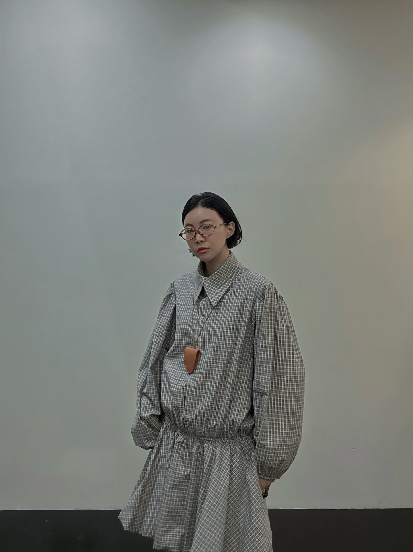 復古通勤格紋襯衫收腰連身裙