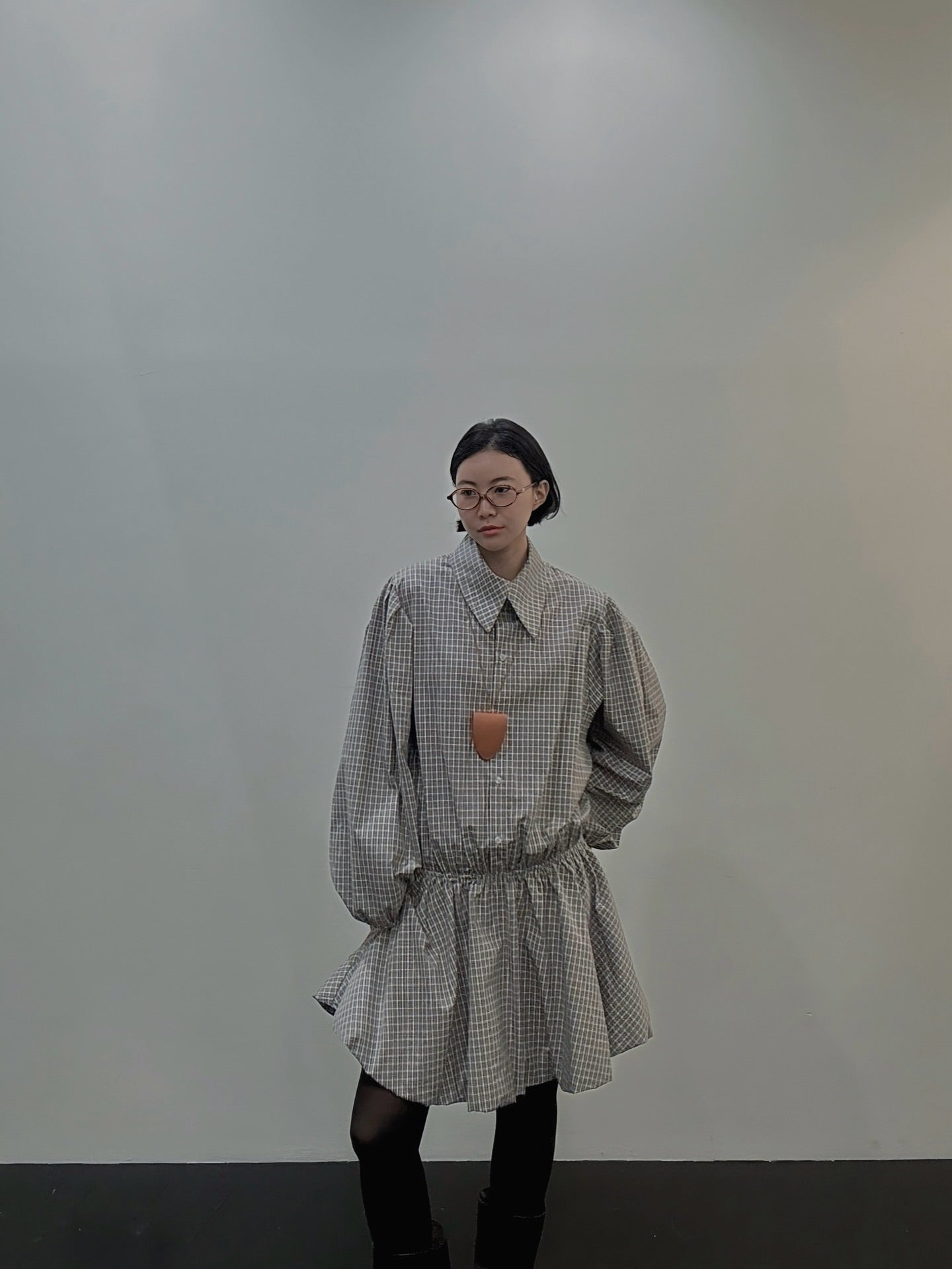 復古通勤格紋襯衫收腰連身裙