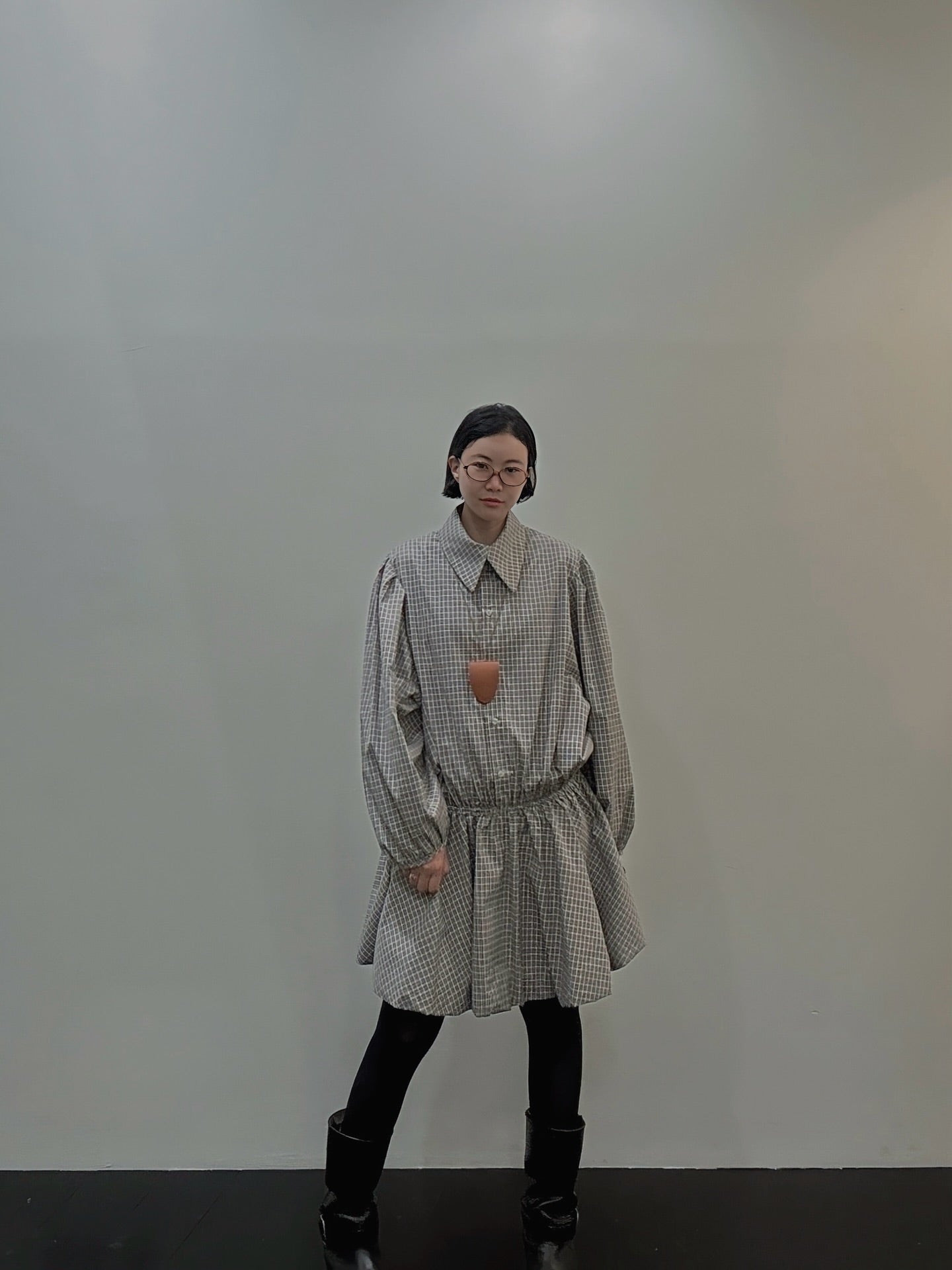 復古通勤格紋襯衫收腰連身裙