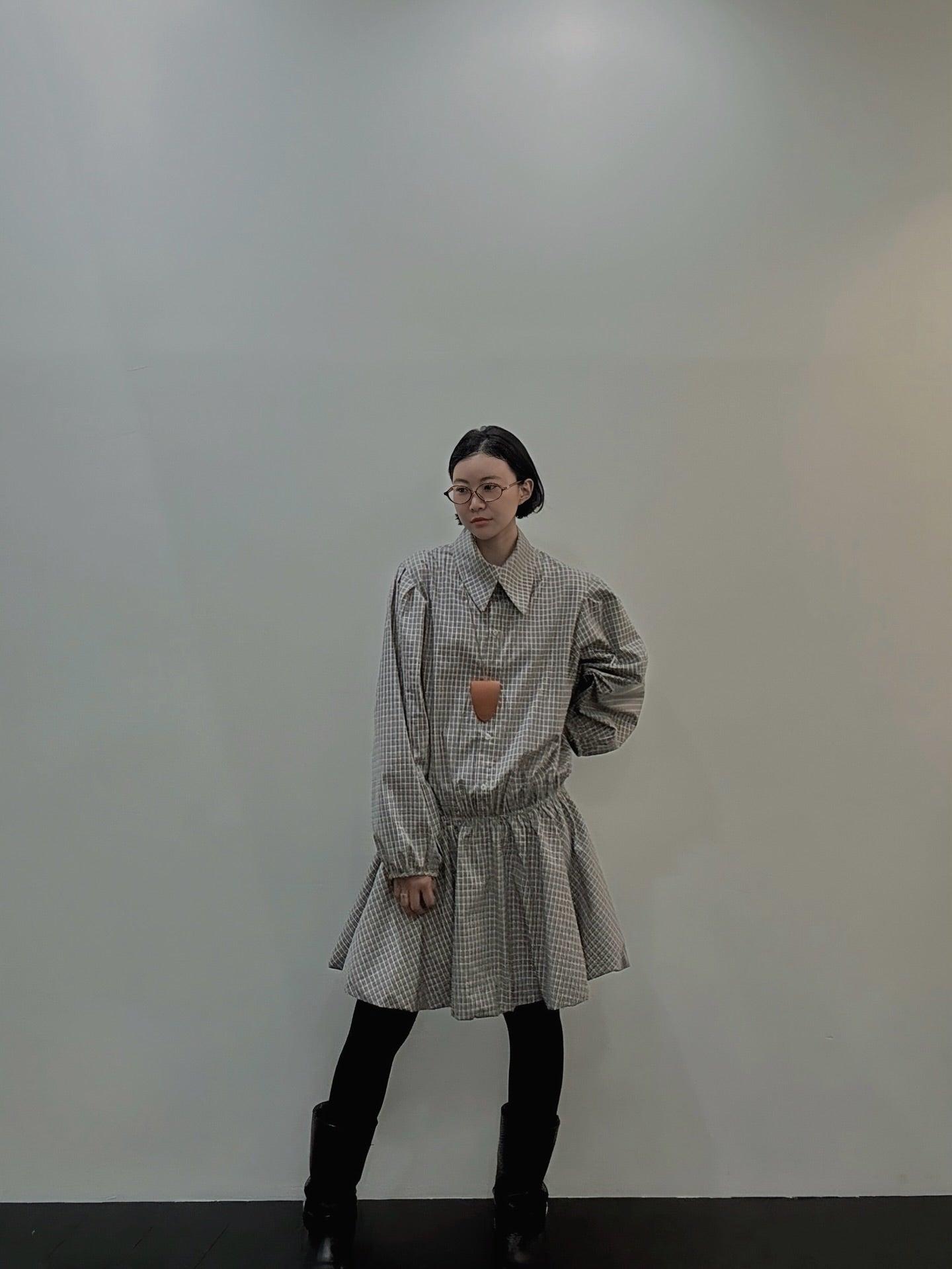 復古通勤格紋襯衫收腰連身裙