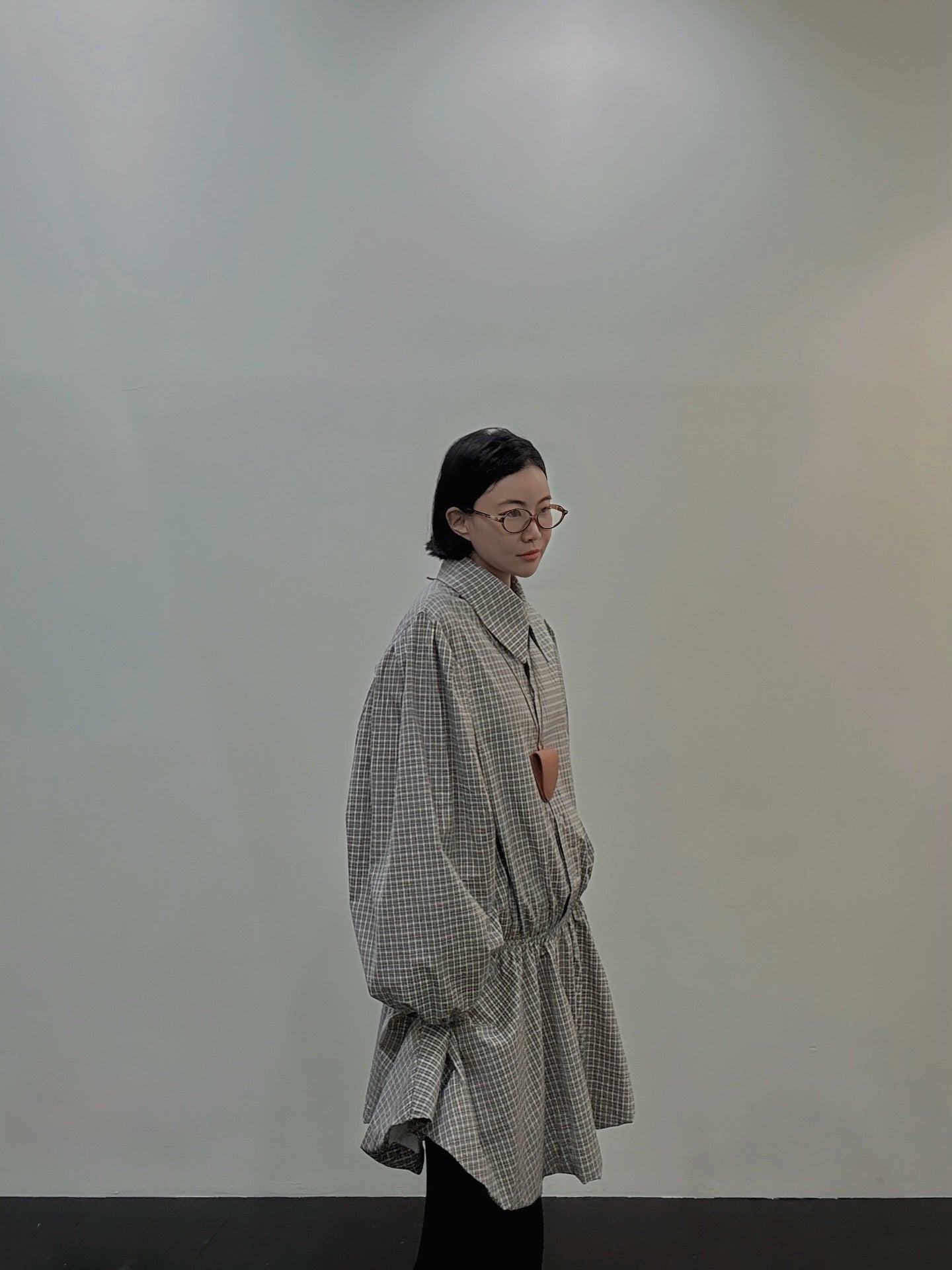 復古通勤格紋襯衫收腰連身裙